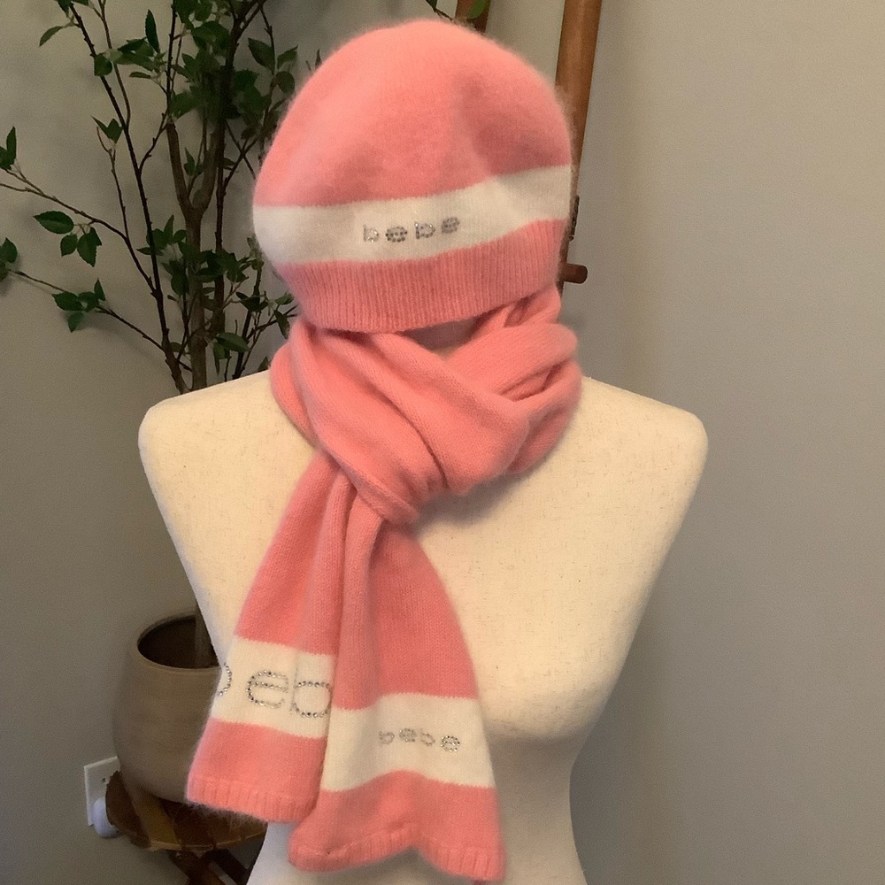 Bebe Pink White Rhinestone Embellished Angora Soft Scarf OS Barbie Preppycore